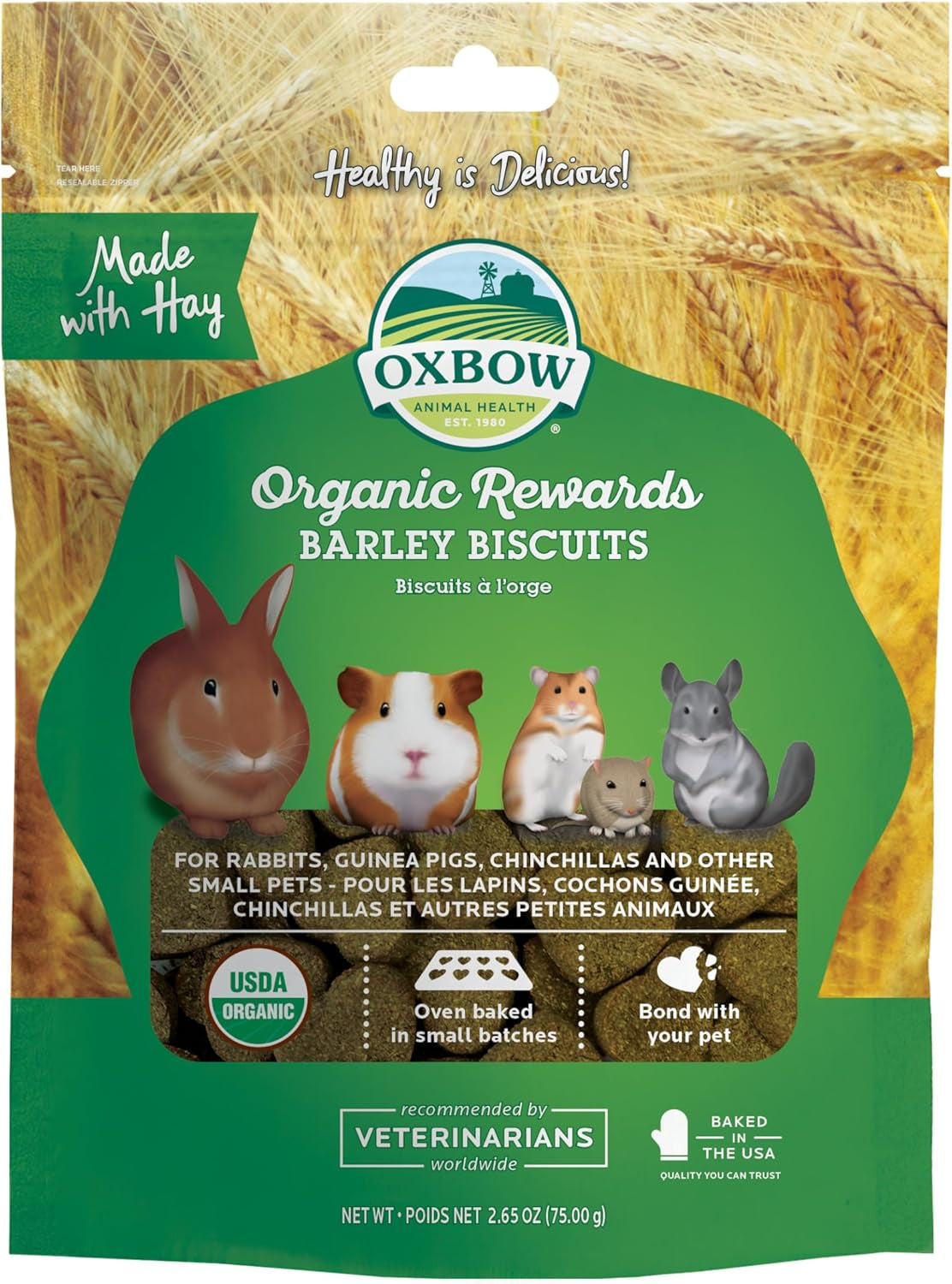 Animal Health Organic Rewards Barley Biscuit Treats, Barley Guinea Pig & Bunny Treats, Pet Snack for Rabbit, Carrot, Apple, Made with Guinea Pig Hay, Alfalfa for Rabbit, 2.65 Oz Bag